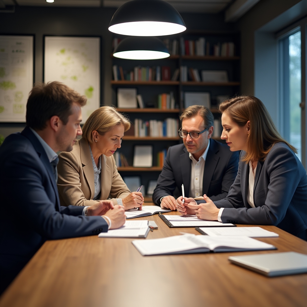 Equipo de formación de Sovranelix trabajando alrededor de una mesa con cuadernos y portátiles