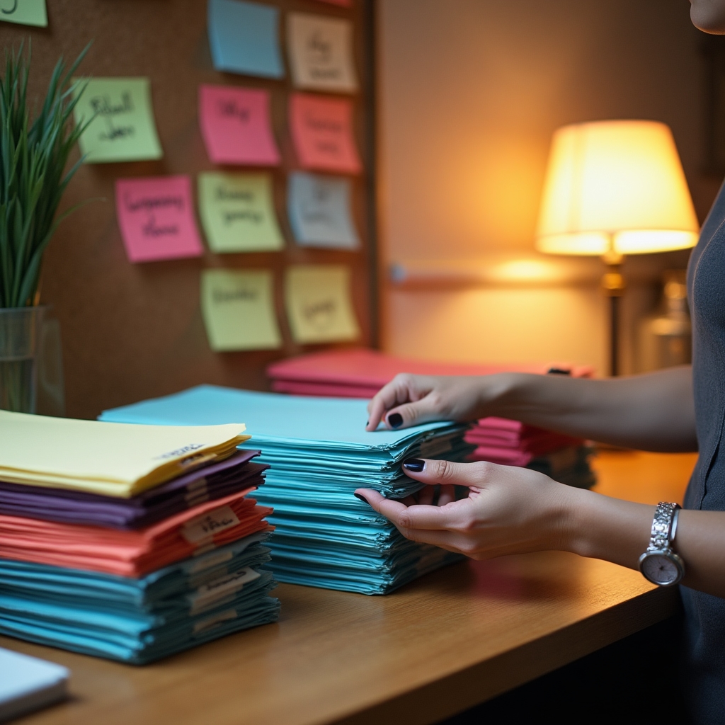Escritorio con carpetas de colores y notas adhesivas organizadas por categorías