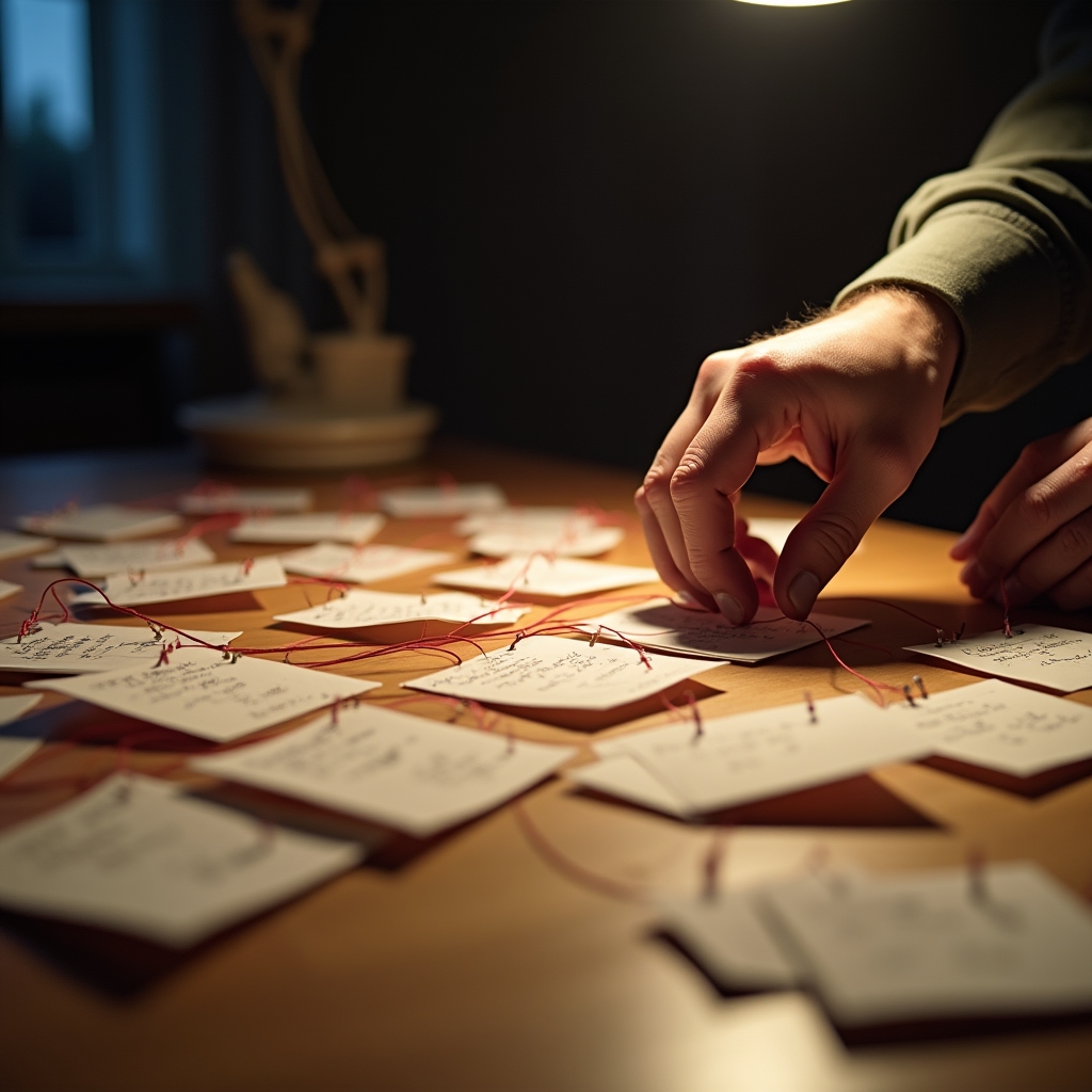 Tarjetas de notas conectadas por hilos sobre una mesa, representando un sistema de notas enlazadas